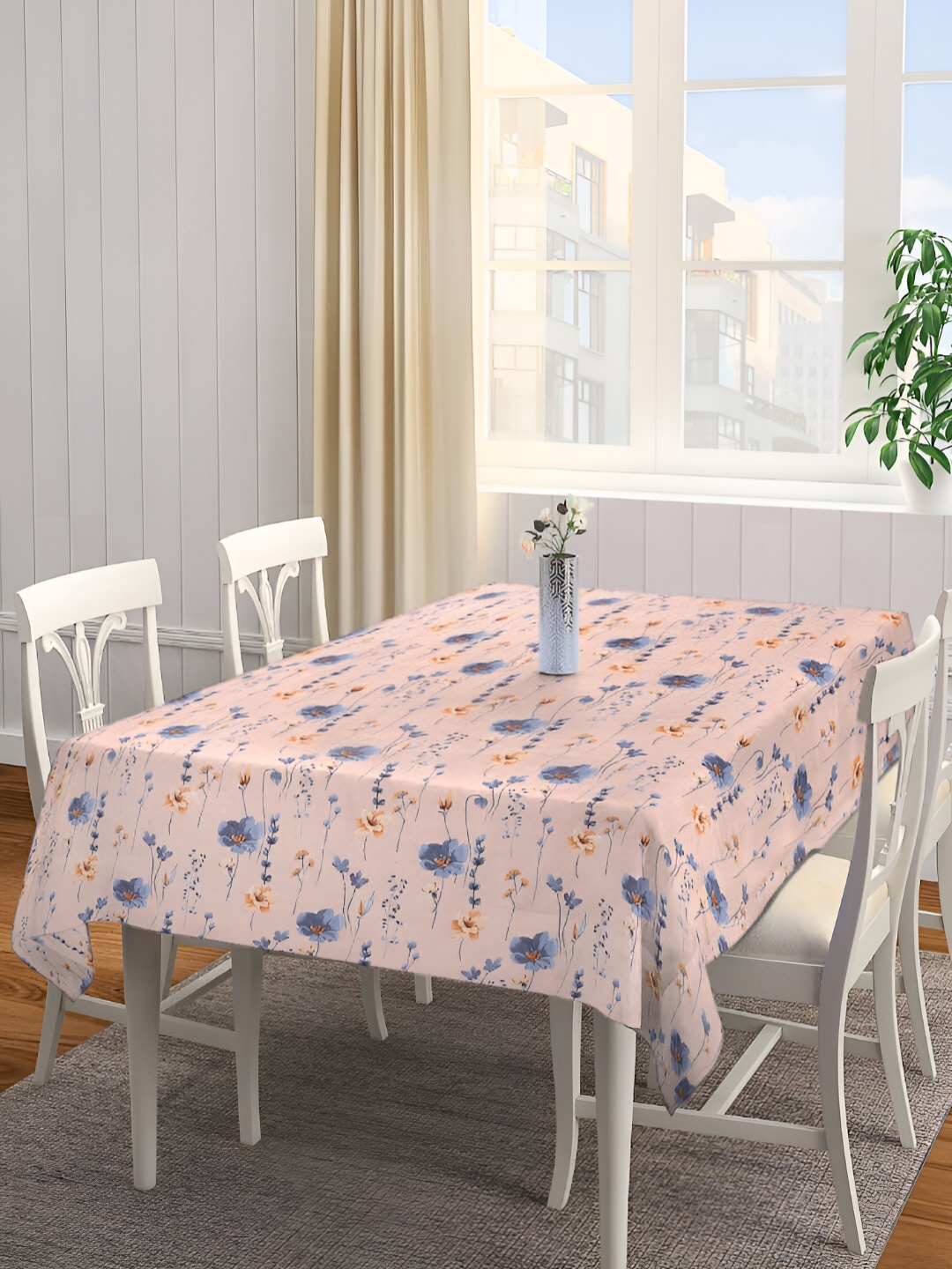 

Arrabi Peach-Coloured & Blue Floral Printed 6-Seater Table Cover