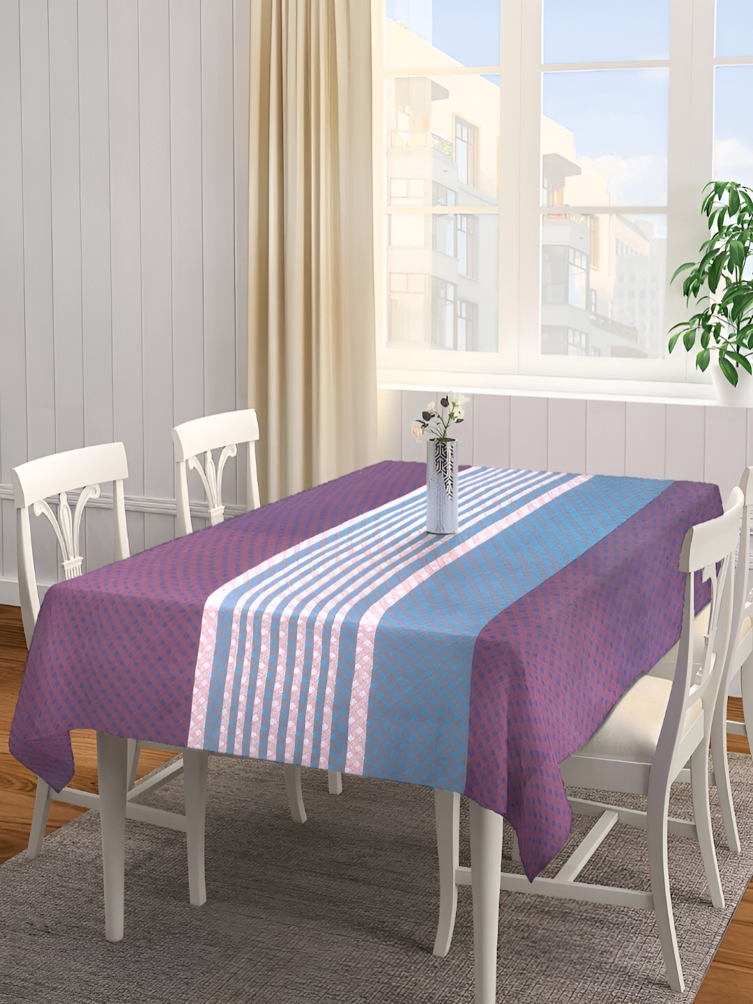 

Arrabi Blue Striped Printed Rectangle Cotton 8-Seater Table Cover