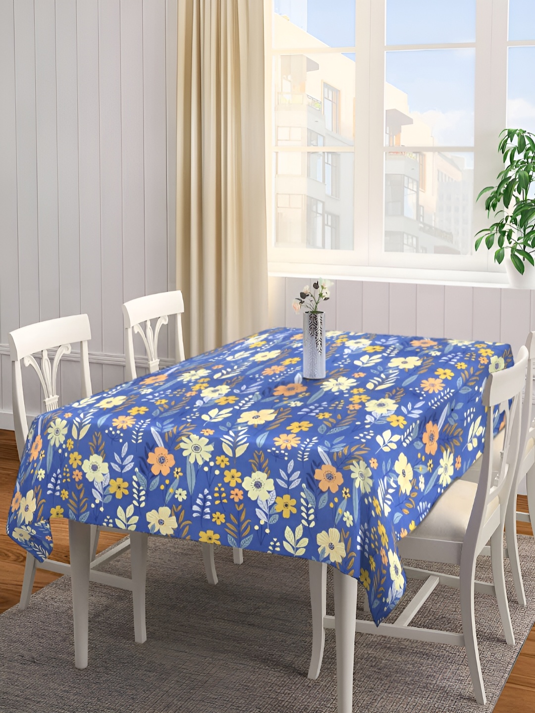 

Arrabi Blue & Yellow Floral Printed 6-Seater Table Cover