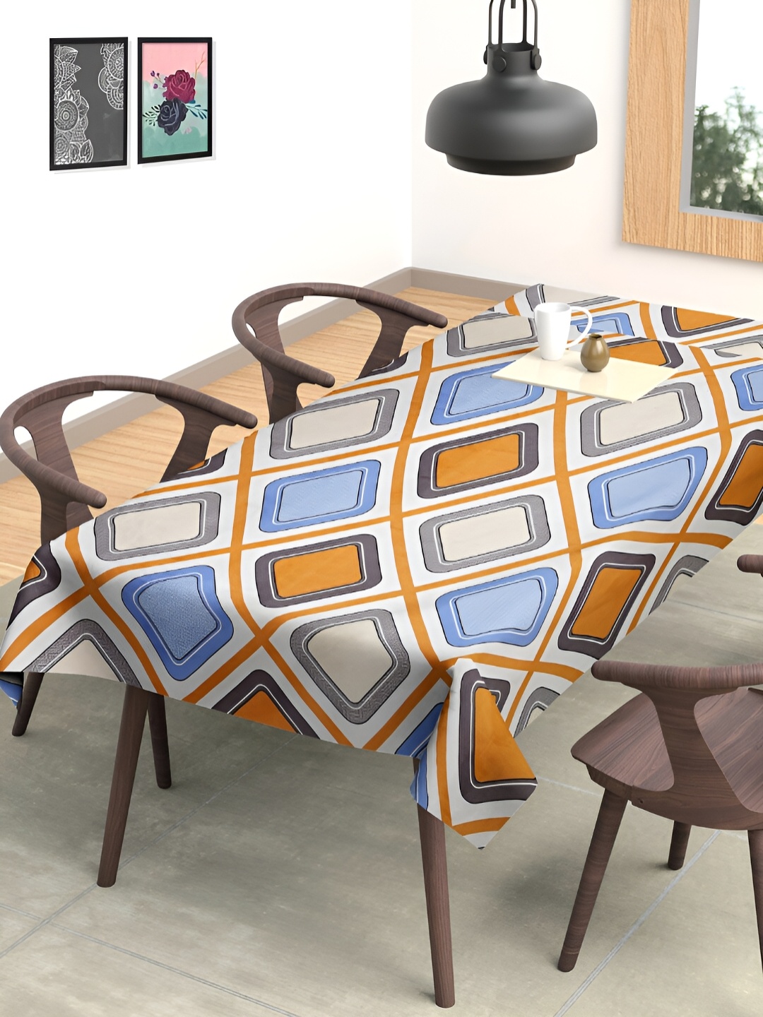 

Arrabi Blue & White Geometric Printed 6-Seater Table Cover