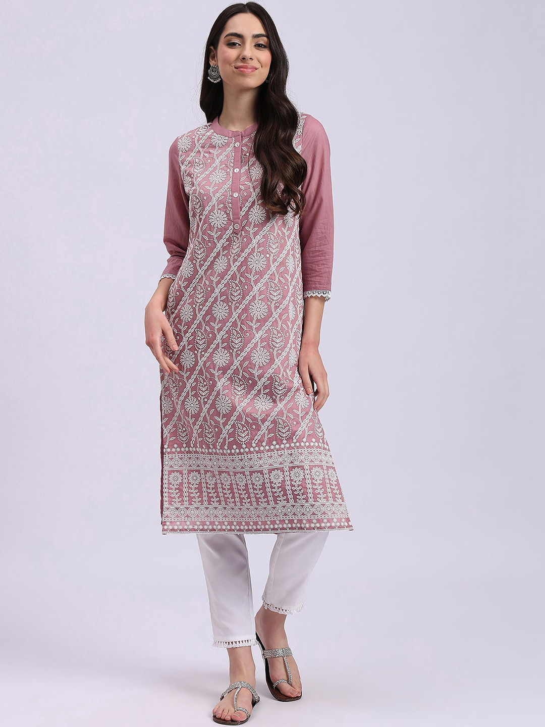 

Knitstudio Women Floral Embroidered Regular Chikankari Kurti with Trousers, Pink