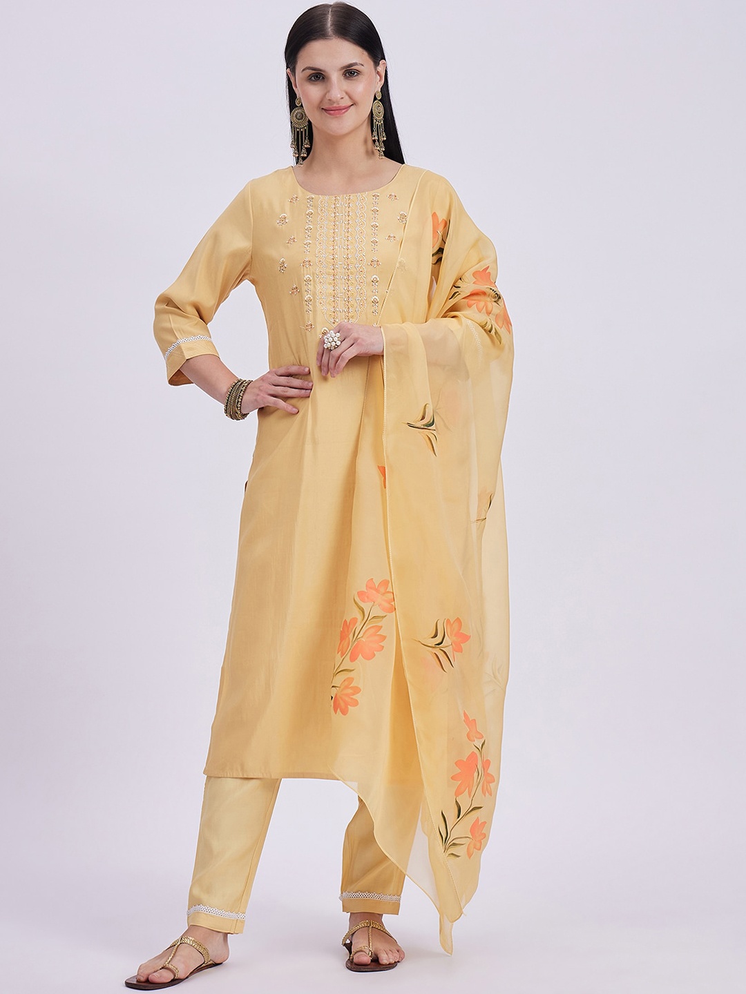 

Knitstudio Floral Embroidered Regular Thread Work Kurta With Trousers & With Dupatta, Mustard