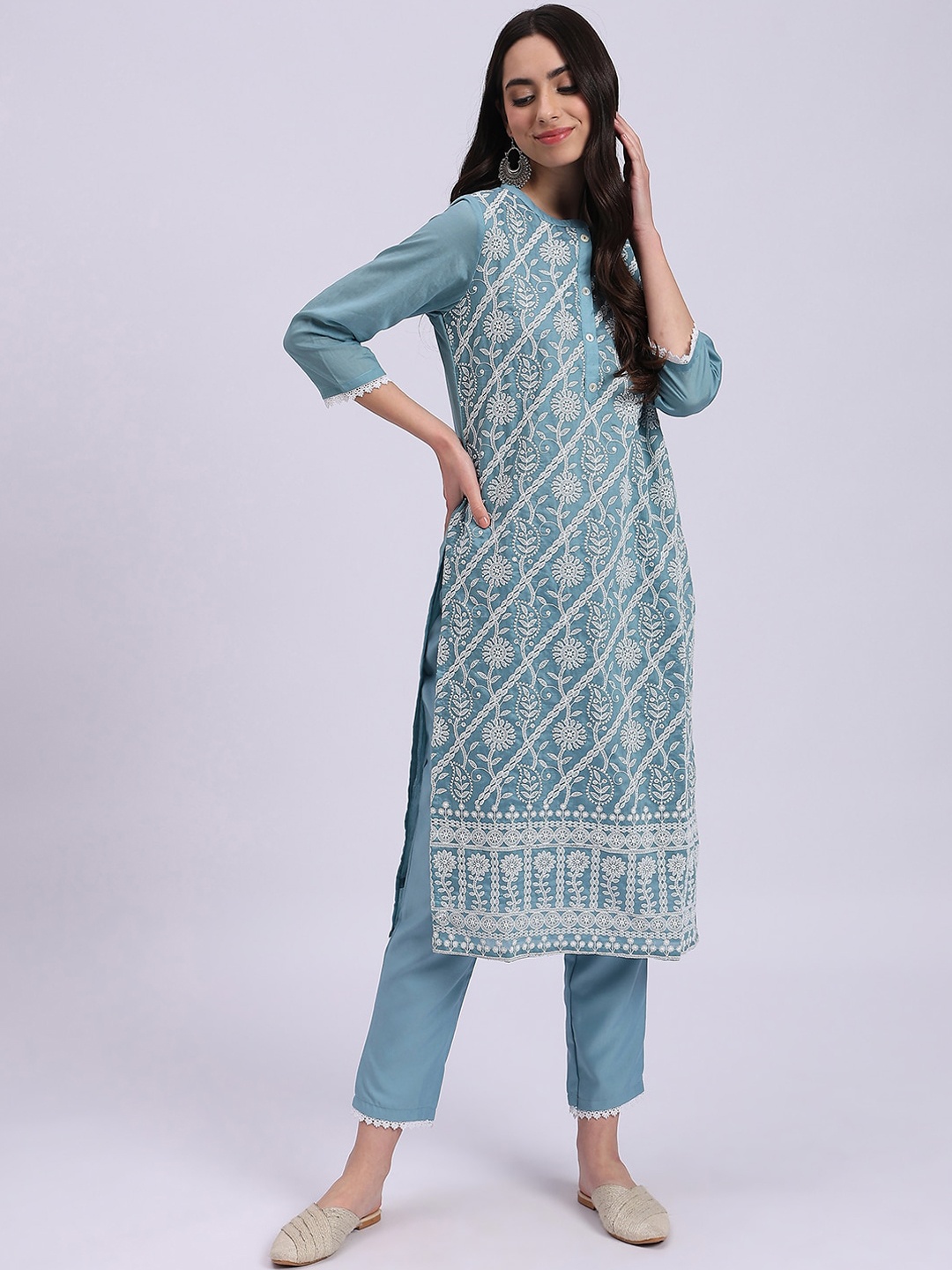 

Knitstudio Floral Embroidered Round Neck Chikankari Striaght Kurta with Trousers, Teal