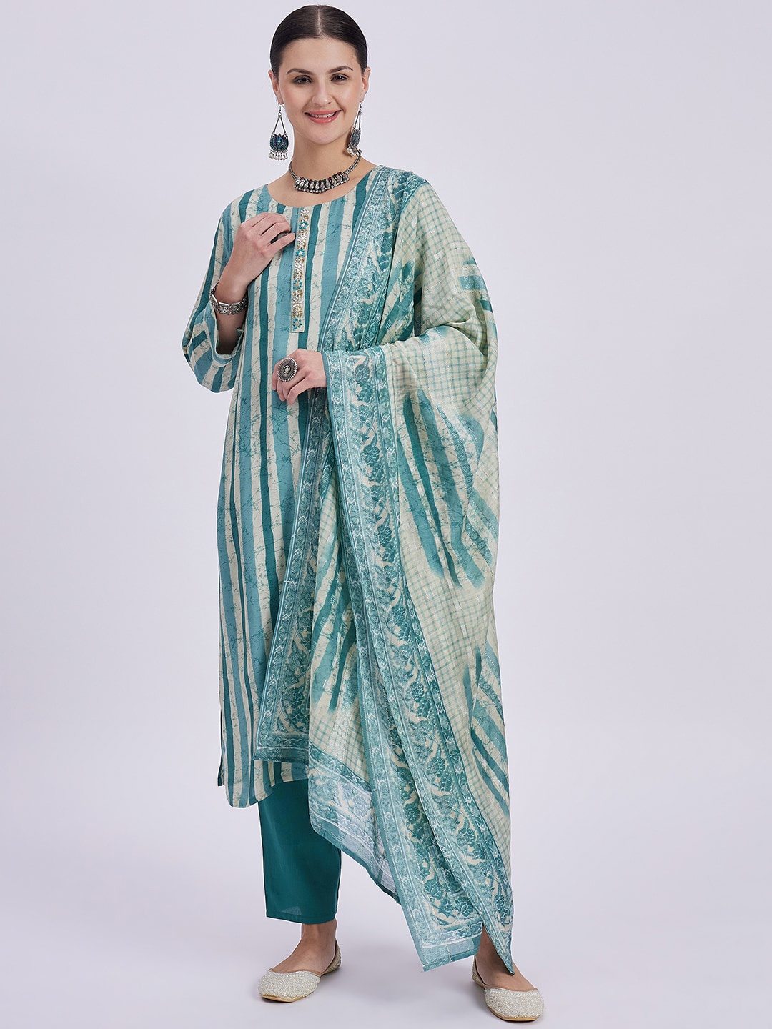 

Knitstudio Striped Printed Round Neck Mirror Work Straight Kurta with Trousers & Dupatta, Green