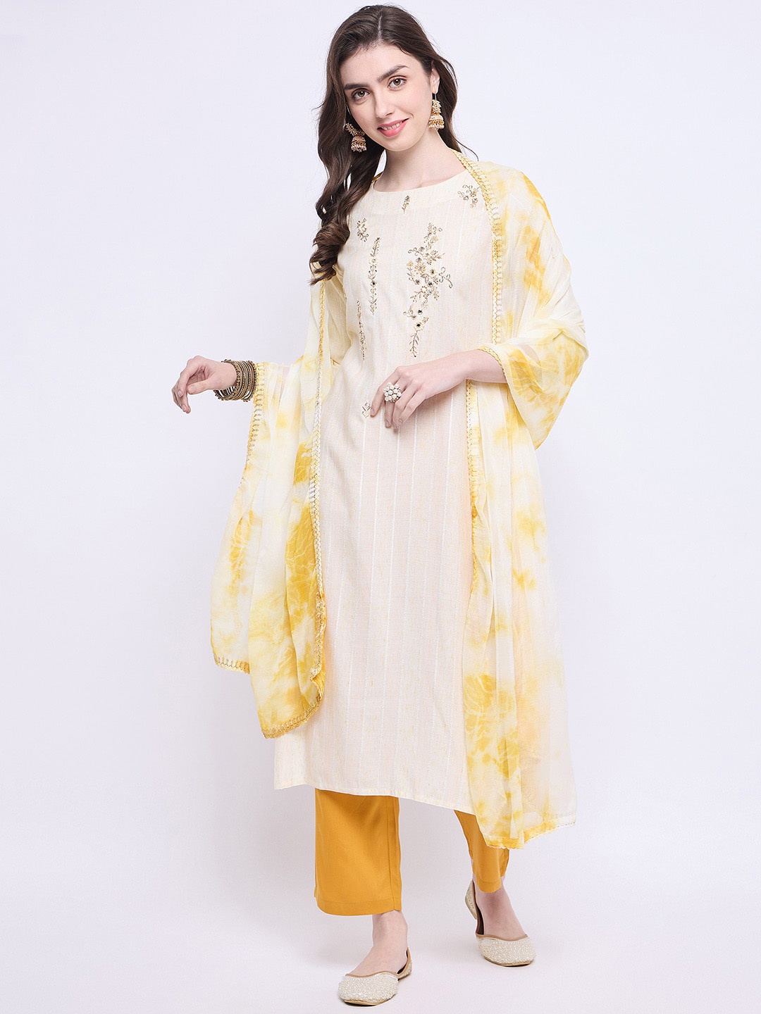 

Knitstudio Striped Regular Thread Work Straight Kurta With Trousers & Dupatta, Sea green