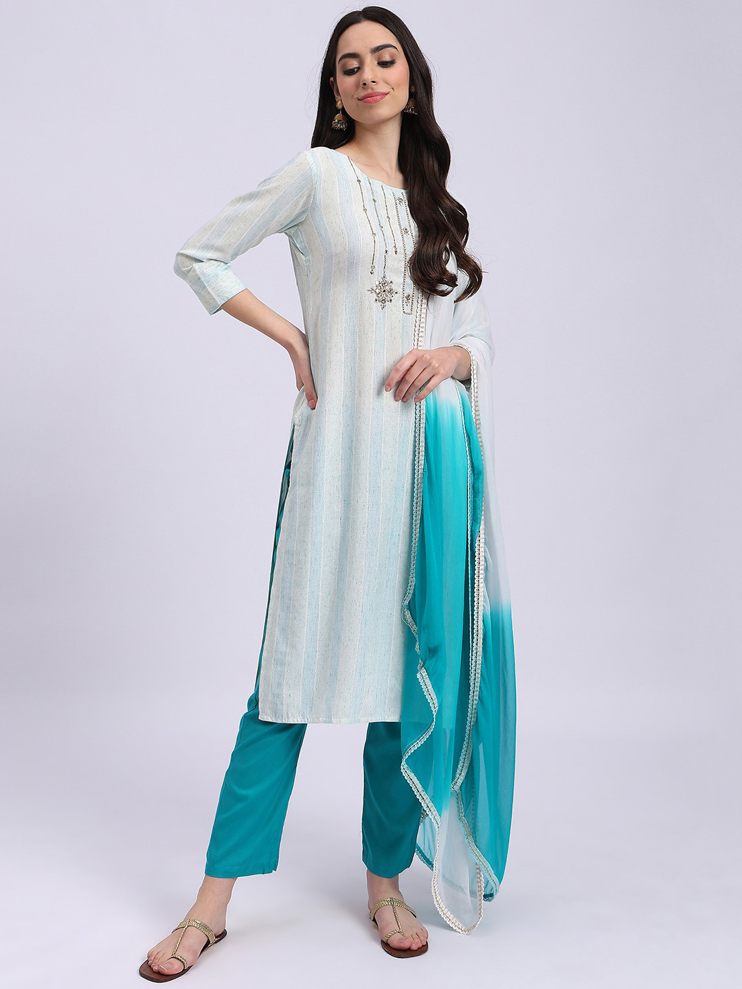 

Knitstudio Floral Yoke Design Regular Thread Work Straight Kurta With Trousers & Dupatta, Sea green