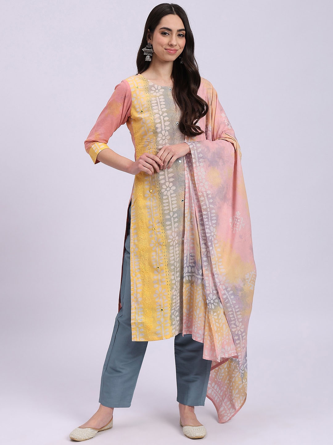 

Knitstudio Floral Printed Regular Thread Work Straight Kurta With Trousers & Dupatta, Peach