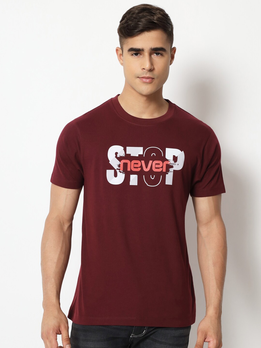 

STRYZER Typography Printed Pure Cotton T-shirt, Maroon