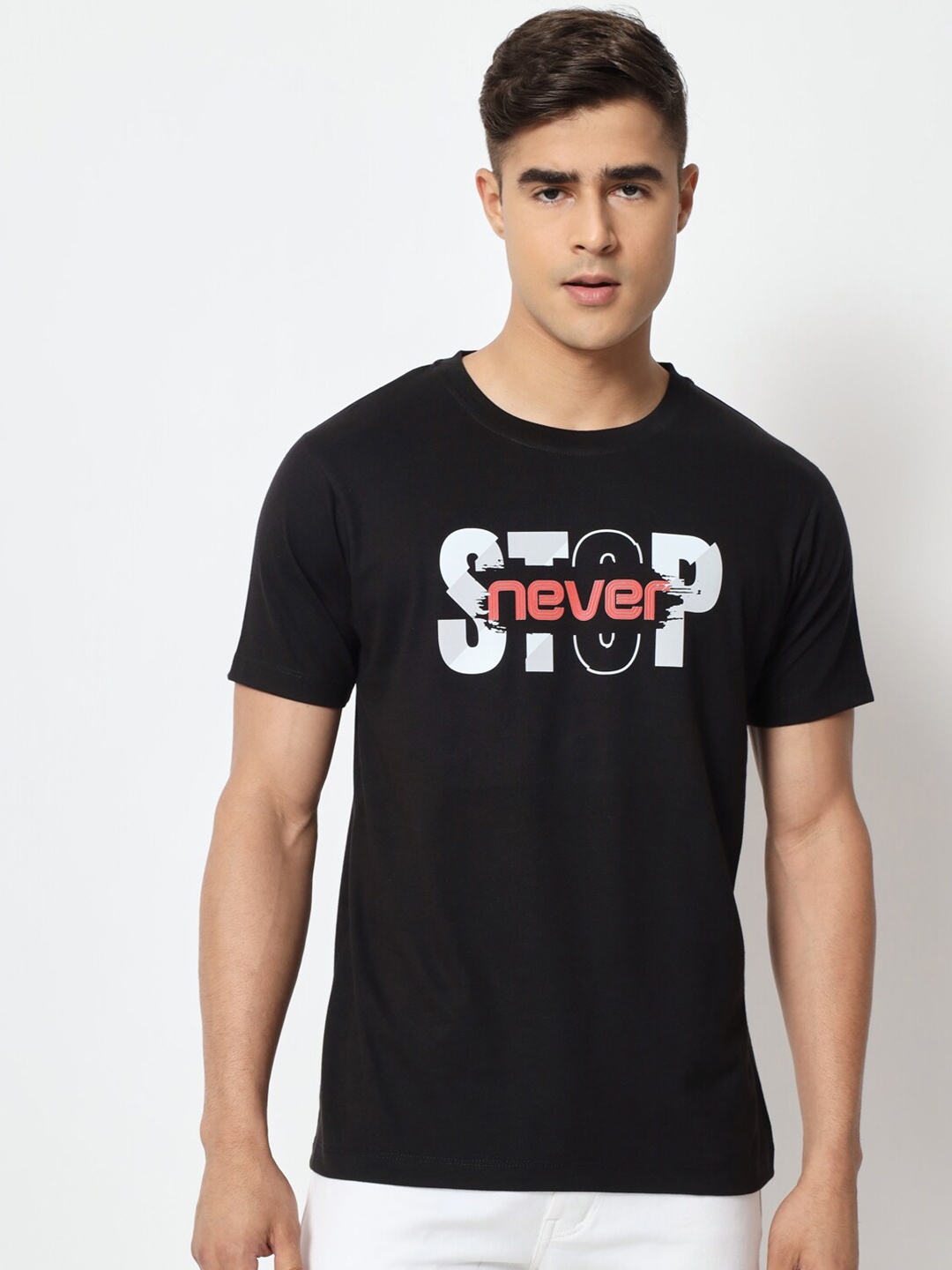 

STRYZER Typography Printed Pure Cotton T-shirt, Black