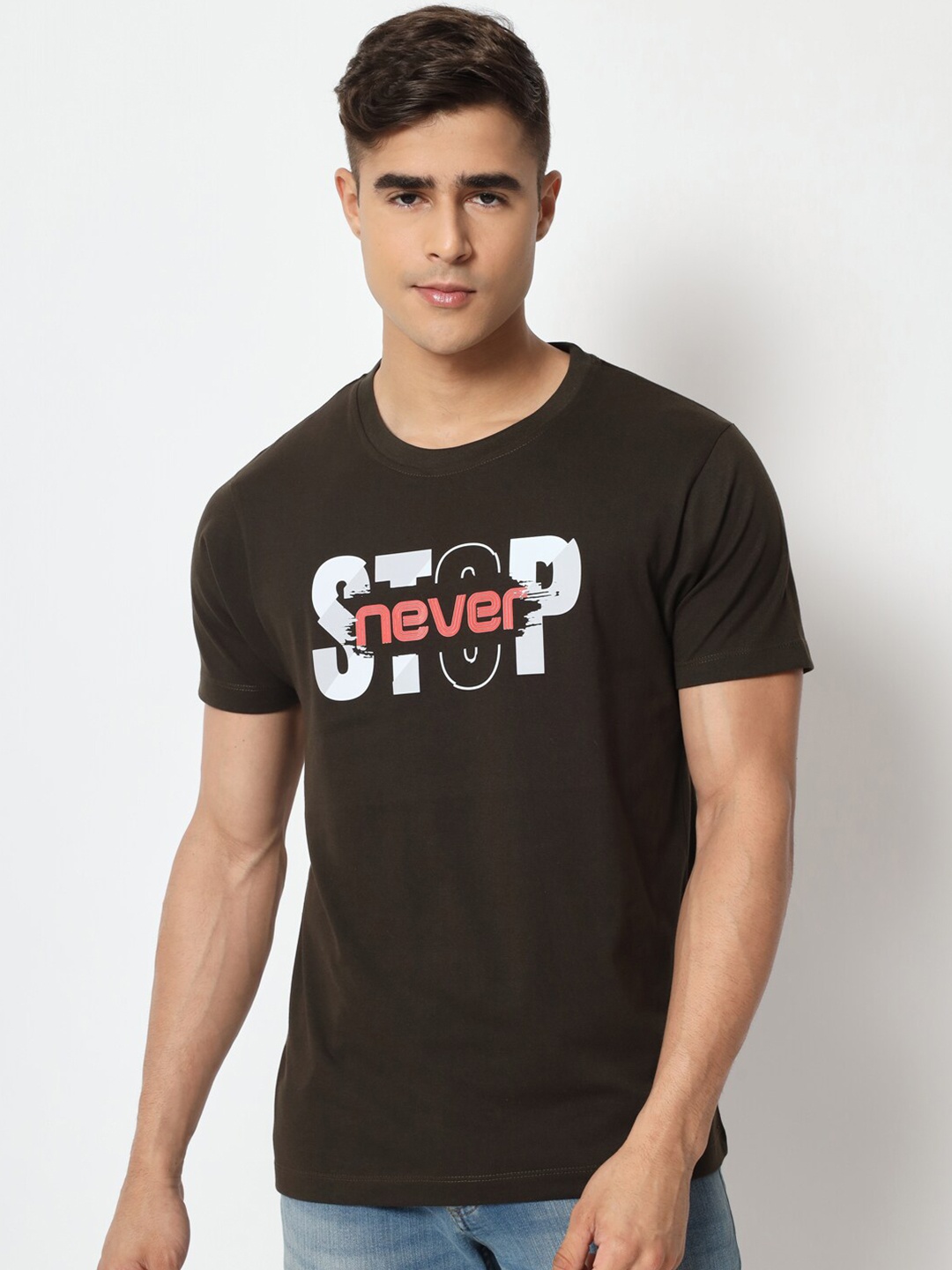 STRYZER Typography Printed Pure Cotton T-shirt, Olive