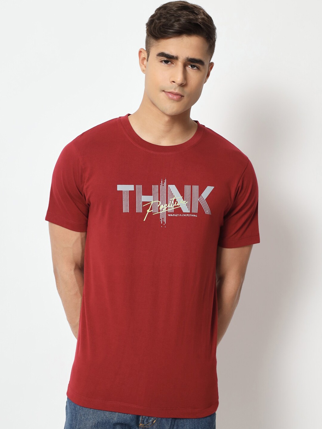 STRYZER Typography Printed Pure Cotton T-shirt, Maroon