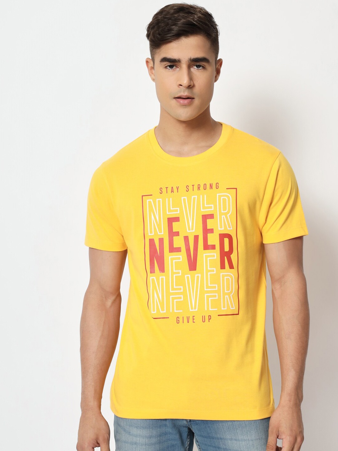 STRYZER Typography Printed Pure Cotton T-shirt, Yellow