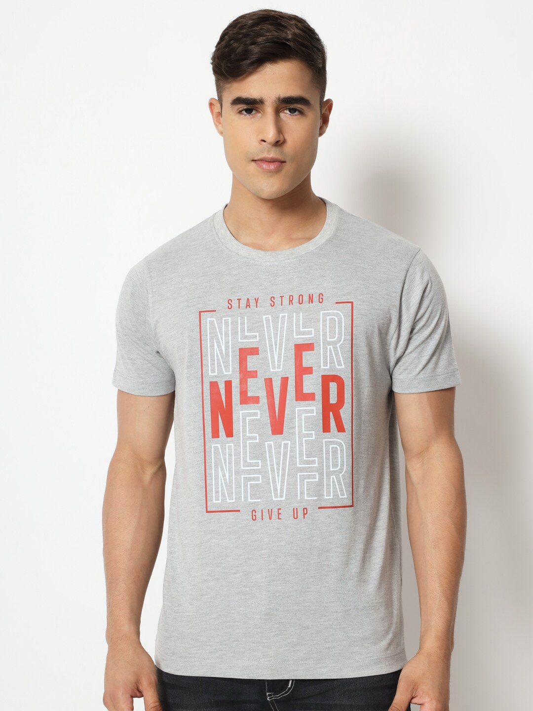 

STRYZER Typography Printed Pure Cotton T-shirt, Grey melange
