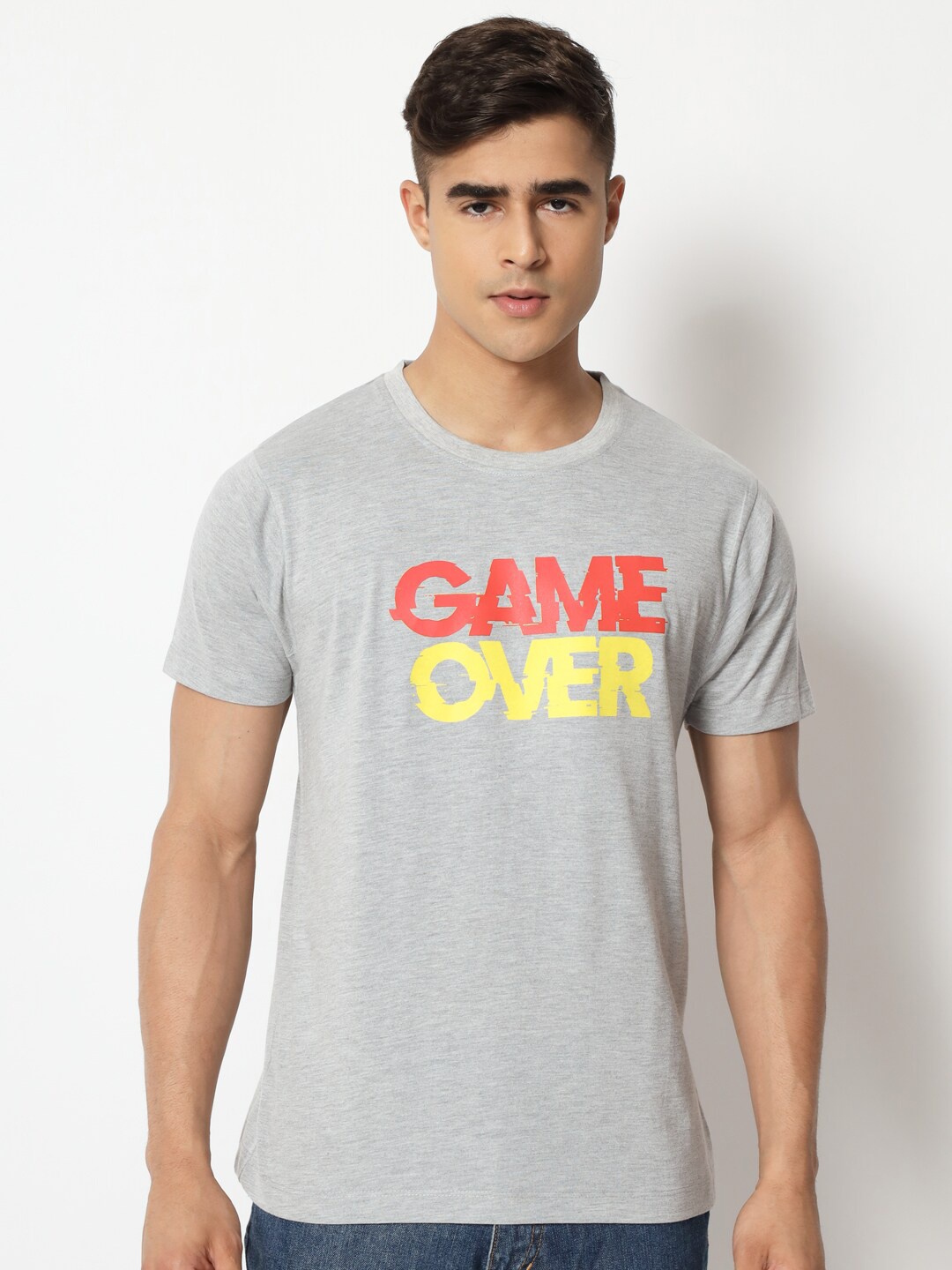 

STRYZER Typography Printed Pure Cotton Regular Fit T-shirt, Grey melange