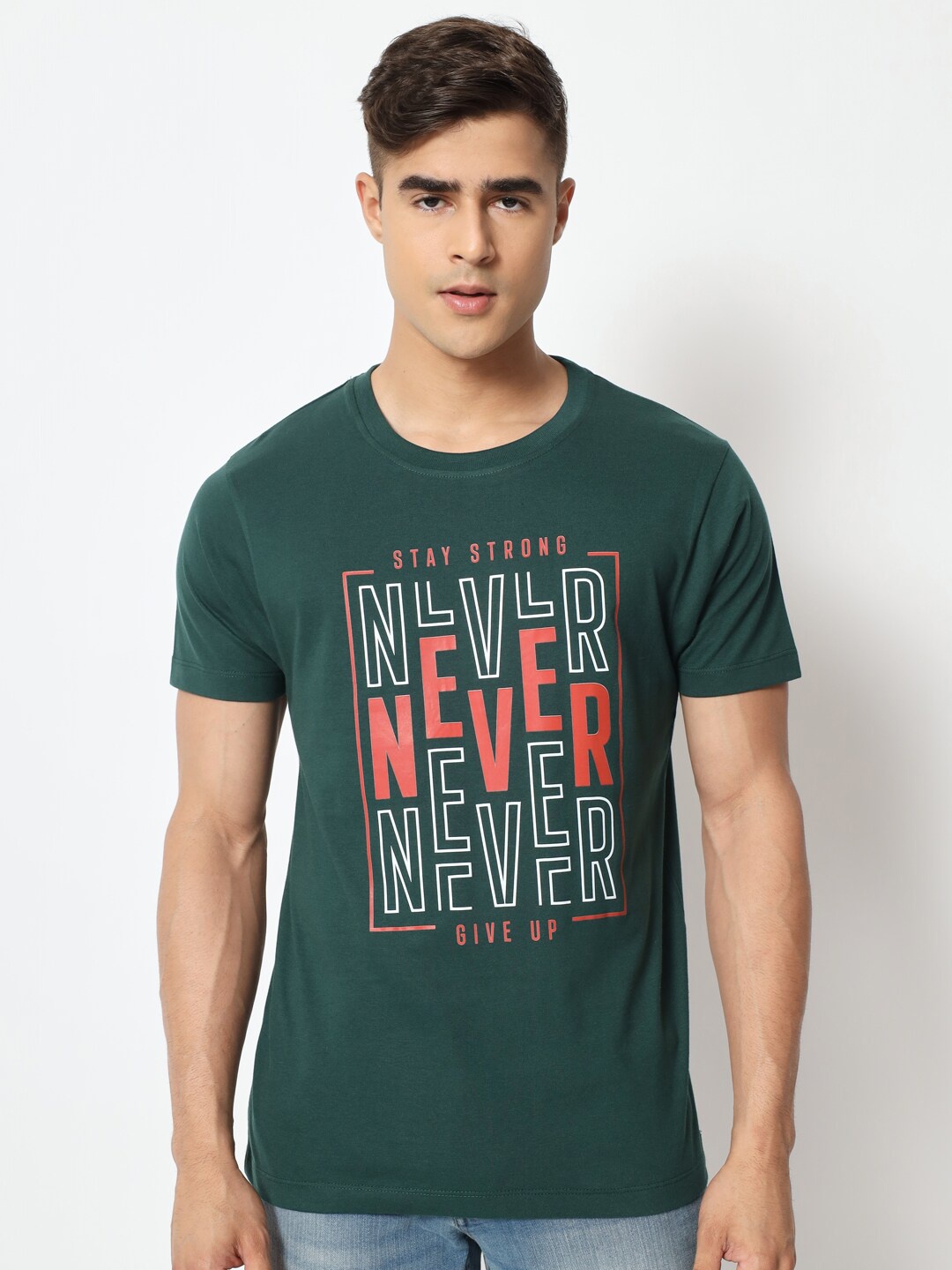 

STRYZER Typography Printed Pure Cotton Regular Fit T-shirt, Green