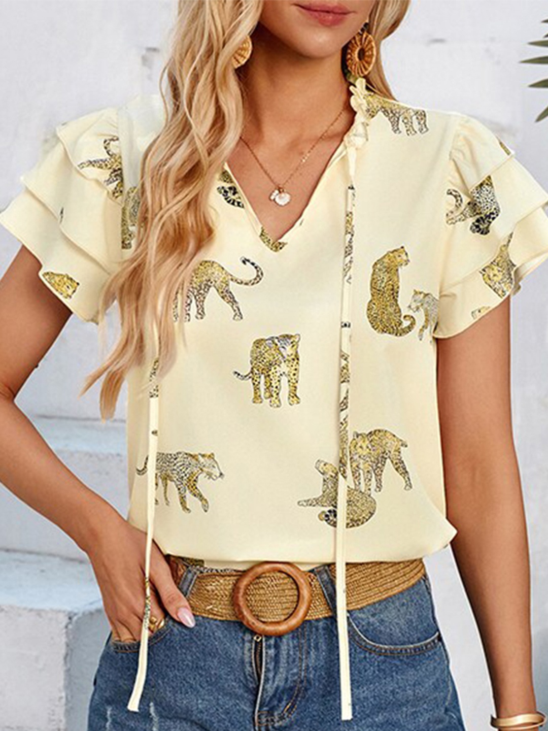 

StyleCast x Revolte Graphic Printed V-Neck Top, Beige