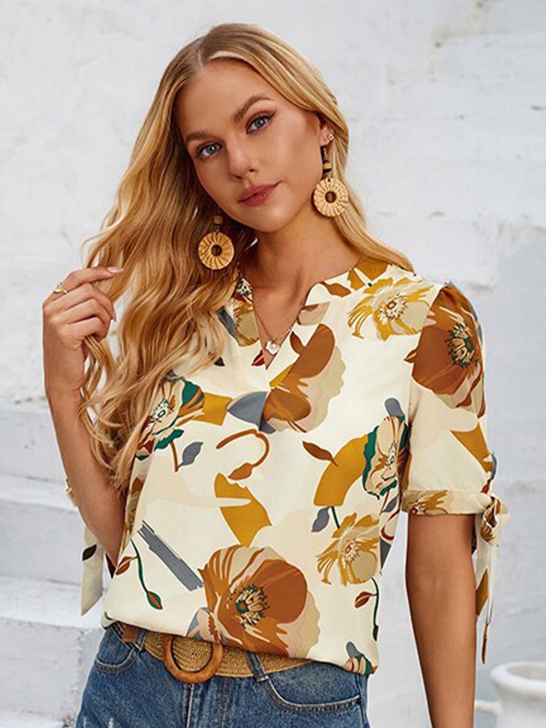 

StyleCast x Revolte Floral Printed Mandarin Collar Top, Beige