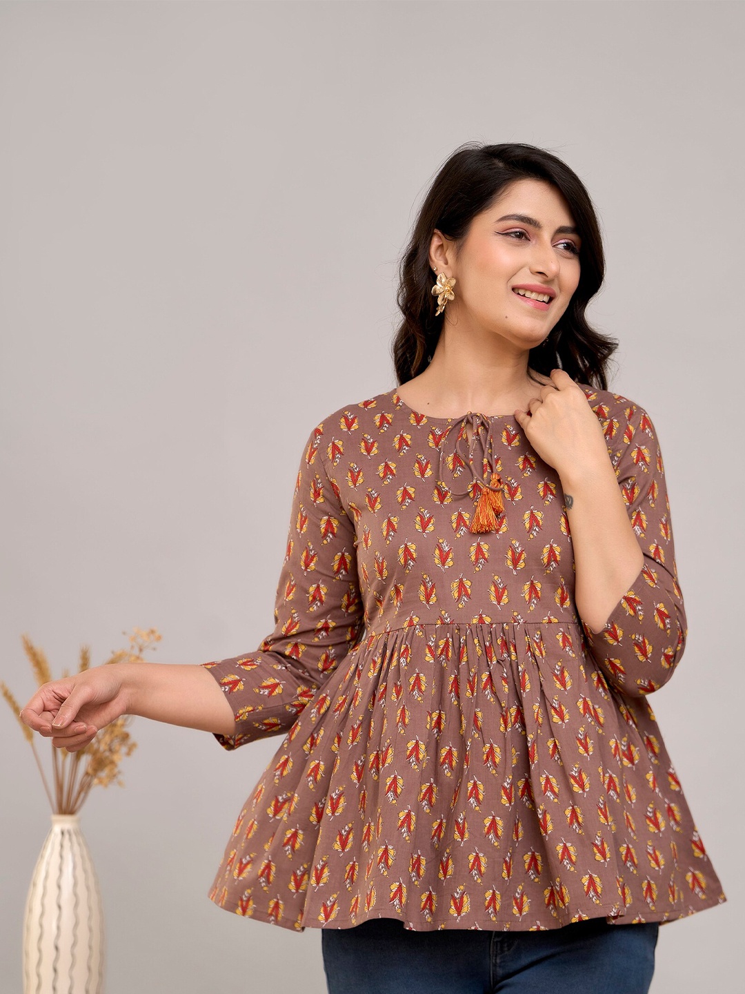 

A&K Floral Print Tie-Up Neck Bell Sleeve Cotton Empire Top, Beige