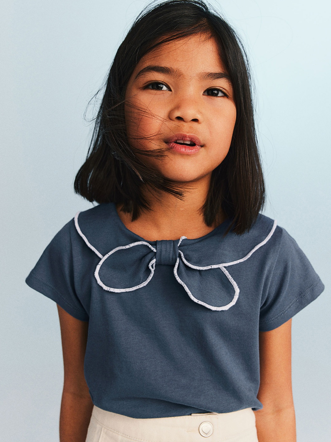 

H&M Girls Pure Cotton Collared Jersey Top, Navy blue