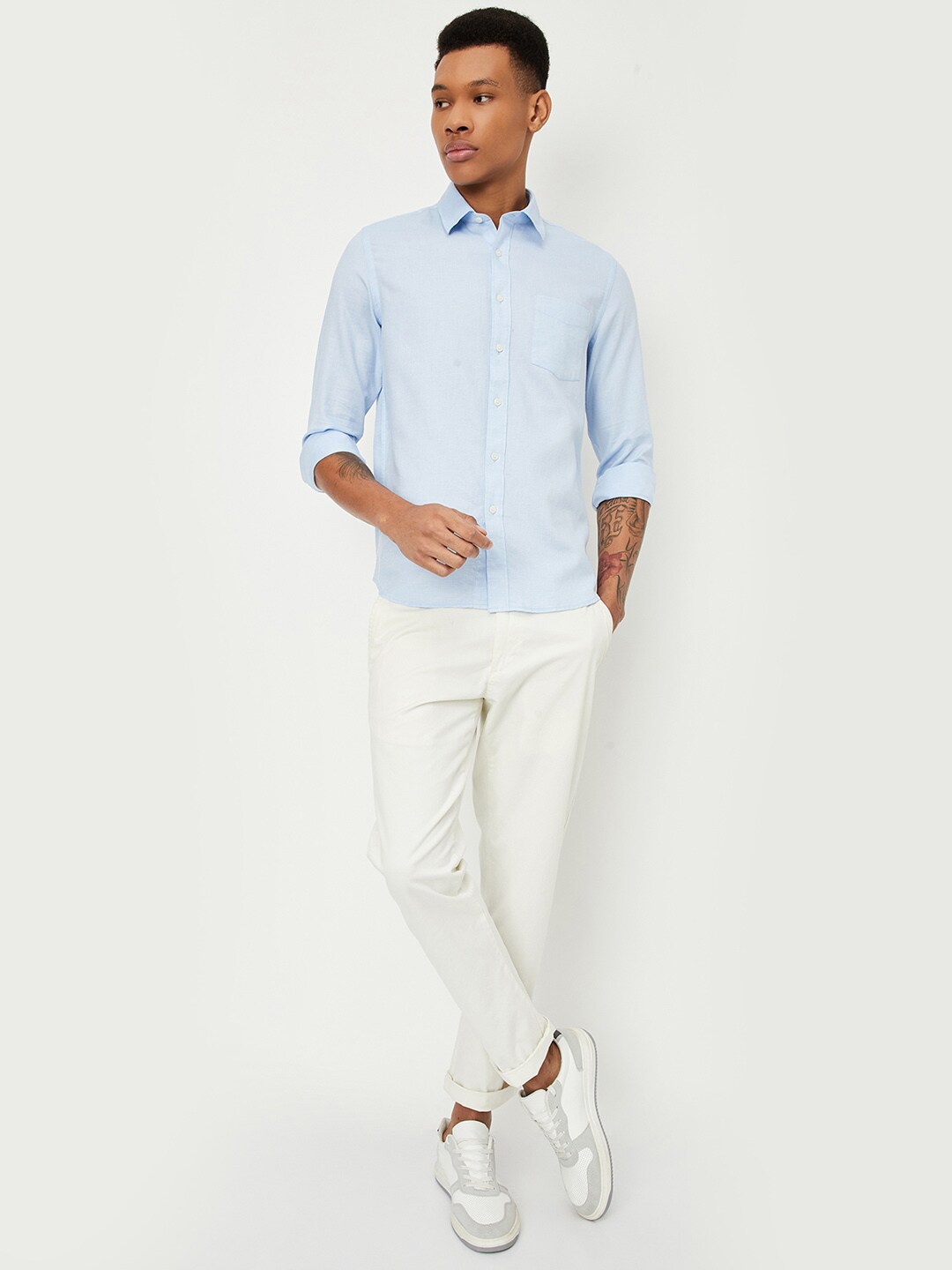 

max Self Design Spread Collar Cotton Shirt, Blue