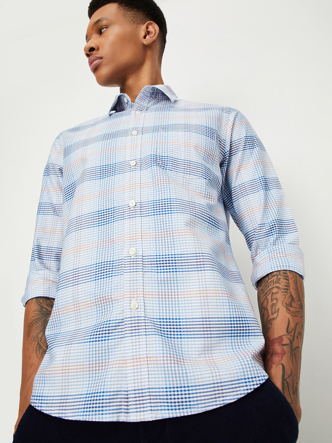 

max Tartan Checked Cotton Casual Shirt, Blue