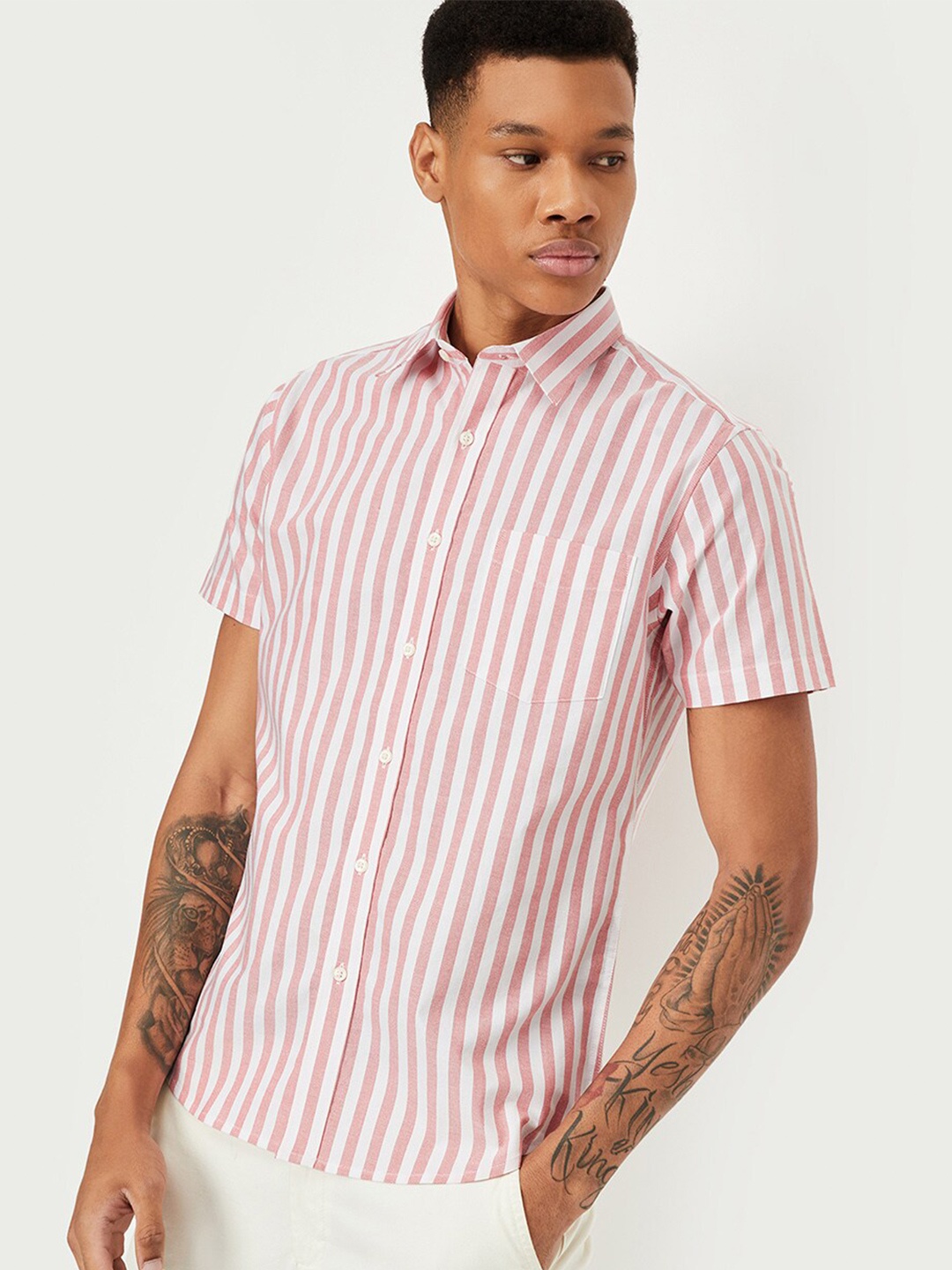 

max Striped Spread Collar Cotton Shirt, Red