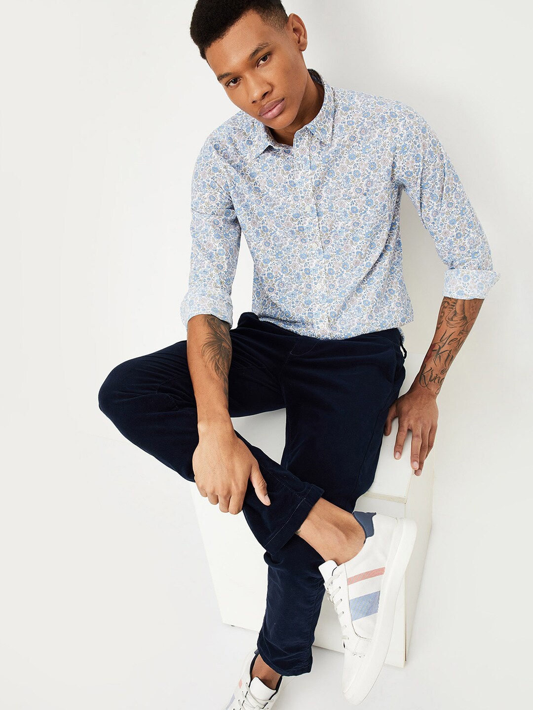

max Floral Printed Spread Collar Cotton Shirt, Blue