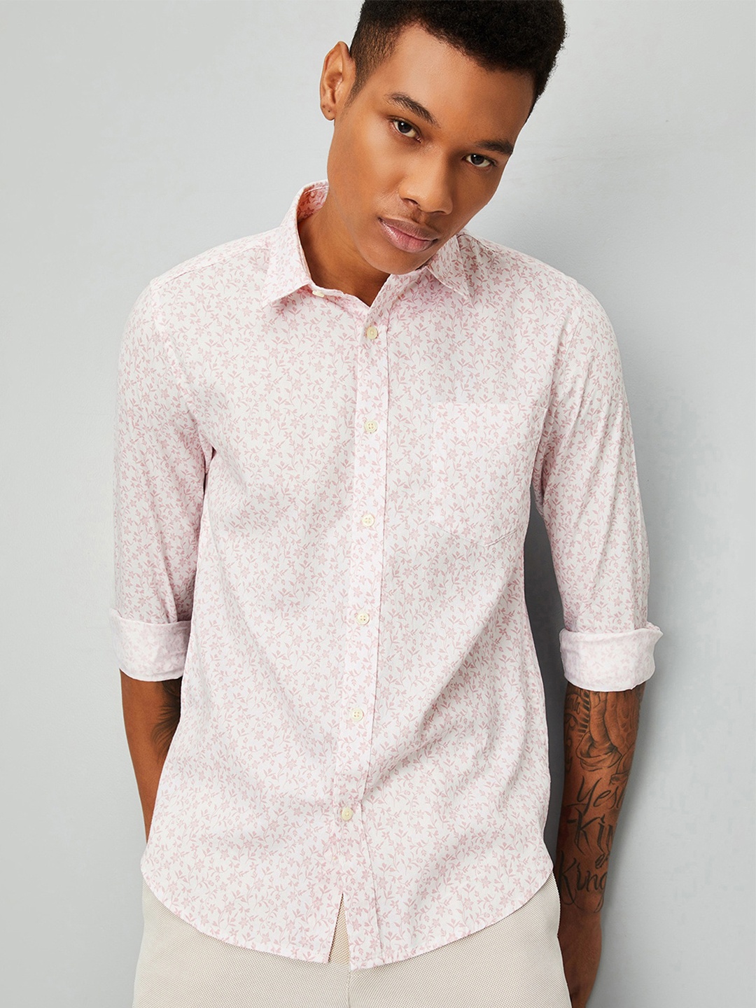 

max Floral Printed Spread Collar Long Sleeves Cotton Casual Shirt, Pink