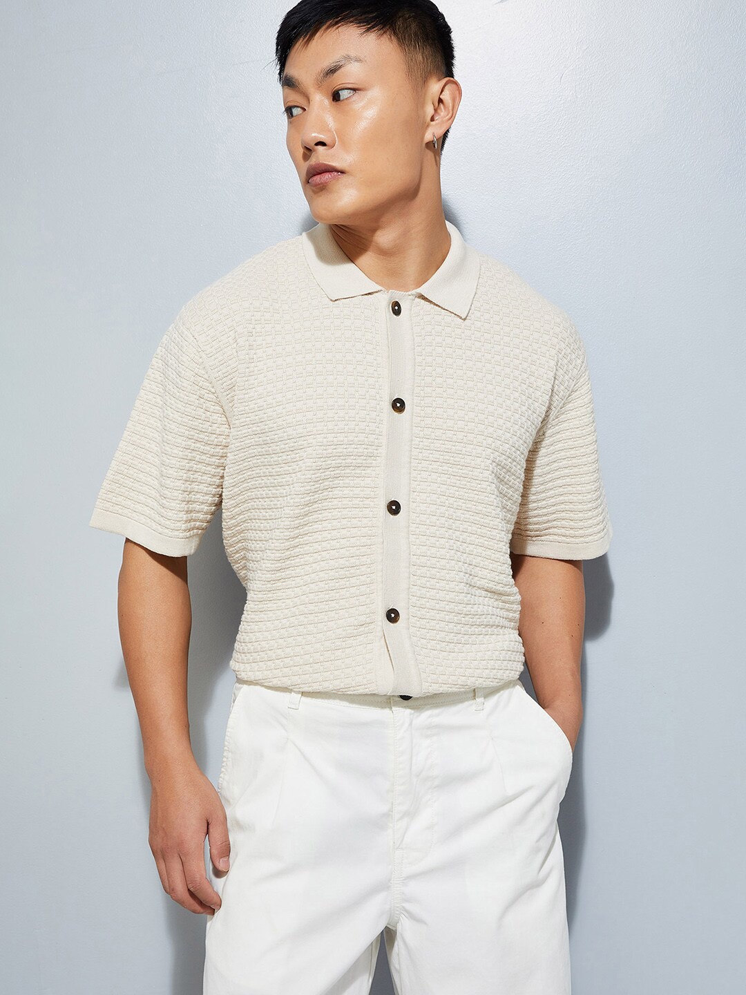 

max URB_N Men Oversized Textured Shirt, Beige