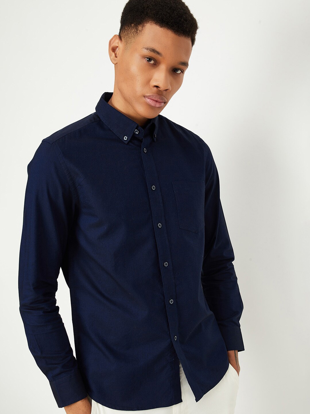 

max Button-Down Collar Long Sleeves Cotton Casual Shirt, Navy blue