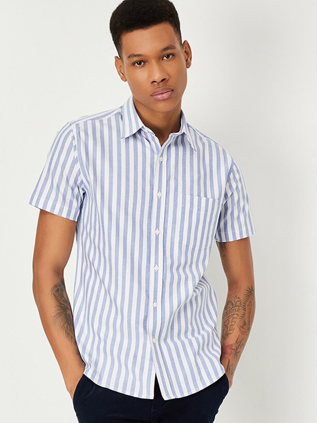 

max Striped Spread Collar Short Sleeves Cotton Casual Shirt, Blue