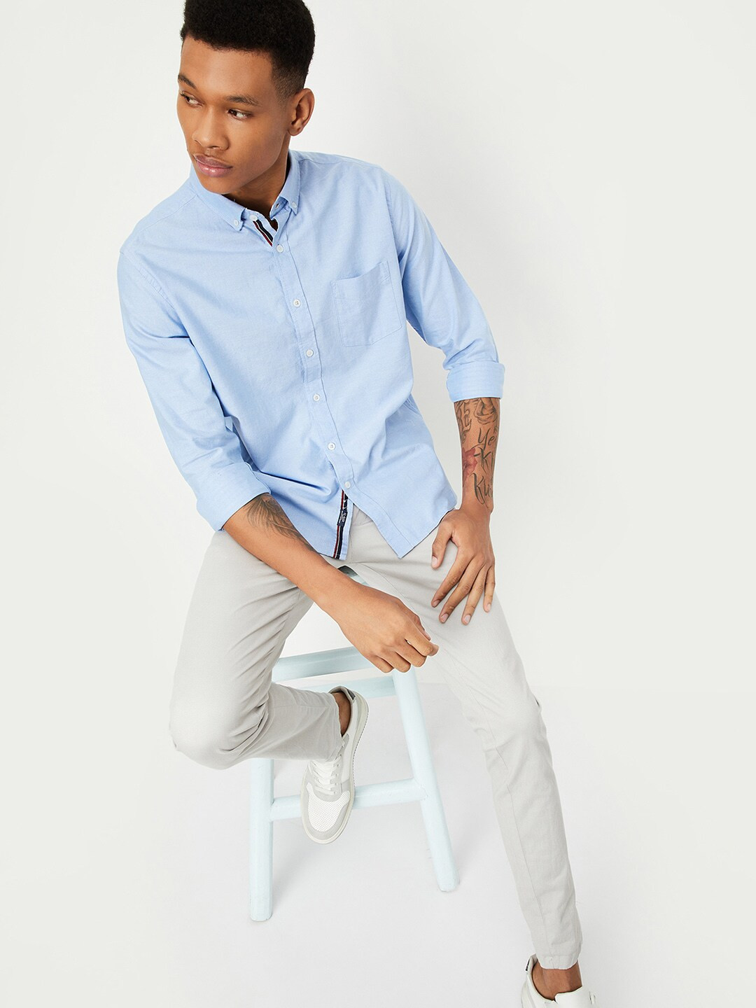 

max Spread Collar Long Sleeves Cotton Casual Shirt, Blue