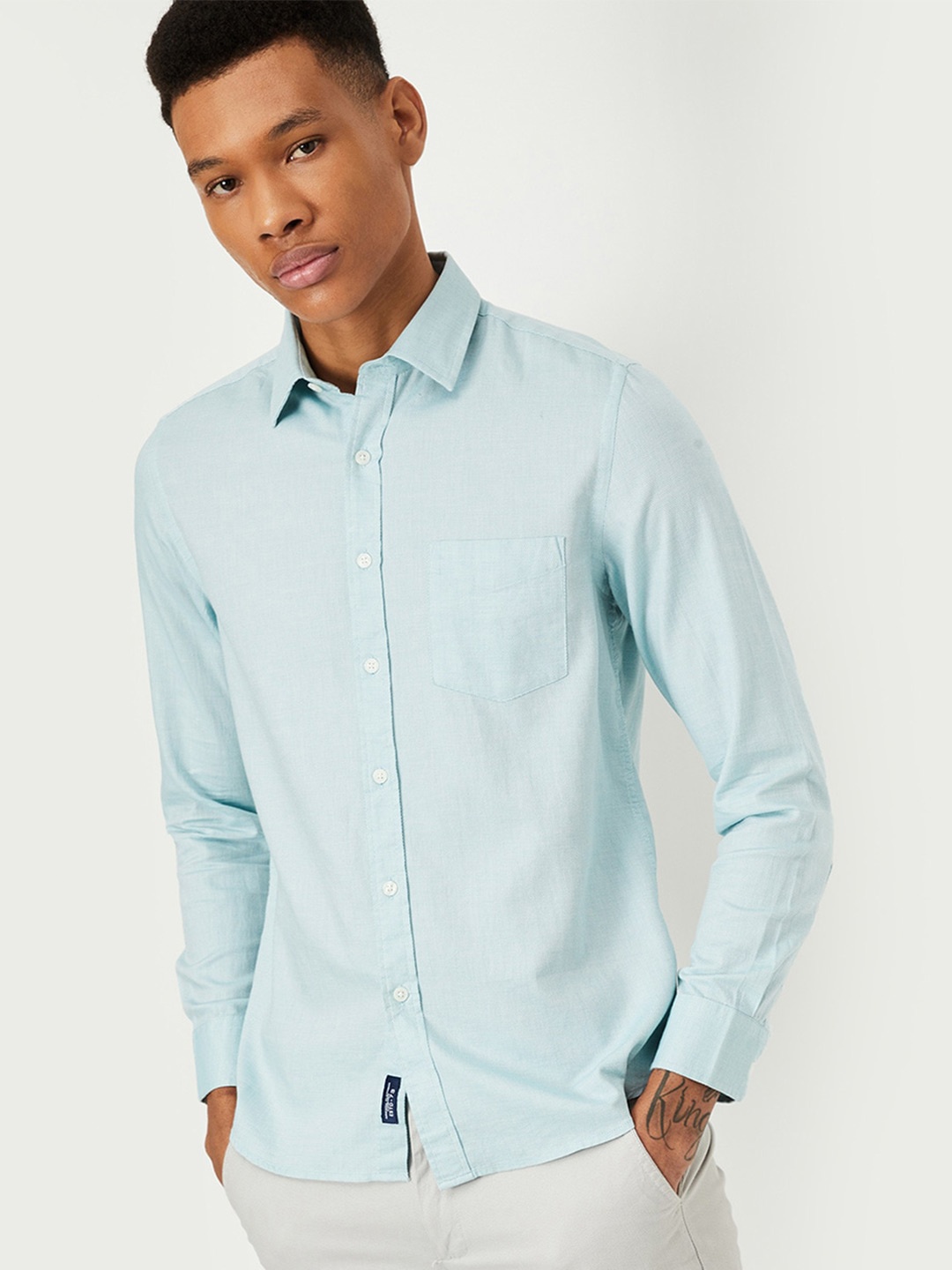 

max Self Design Spread Collar Cotton Shirt, Green