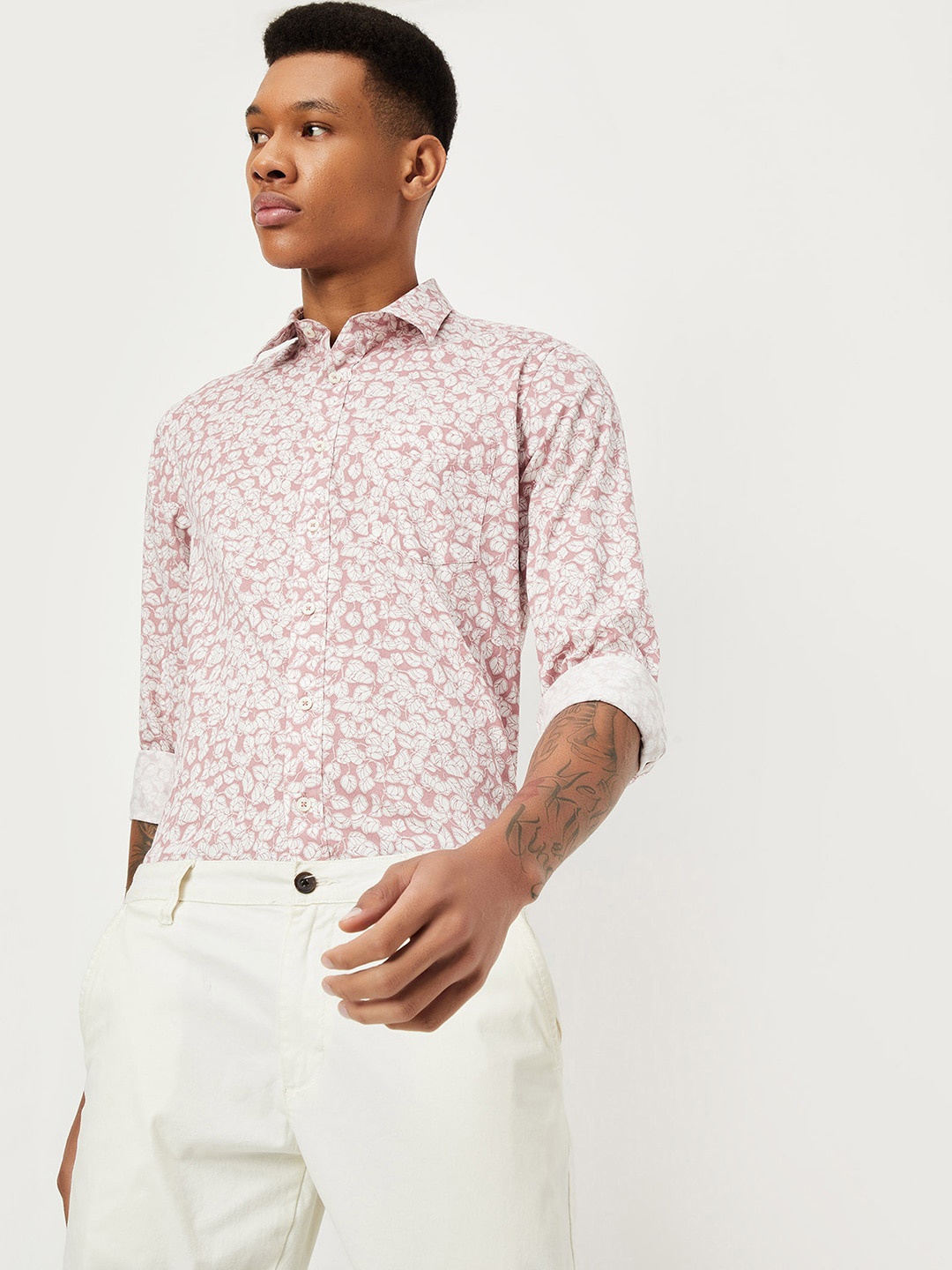 

max Floral Printed Spread Collar Cotton Shirt, Pink