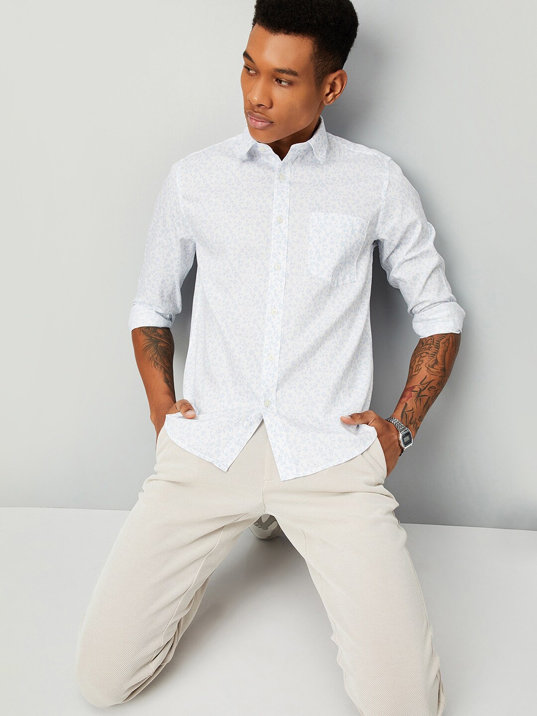 

max Floral Printed Spread Collar Pure Cotton Casual Shirt, Blue