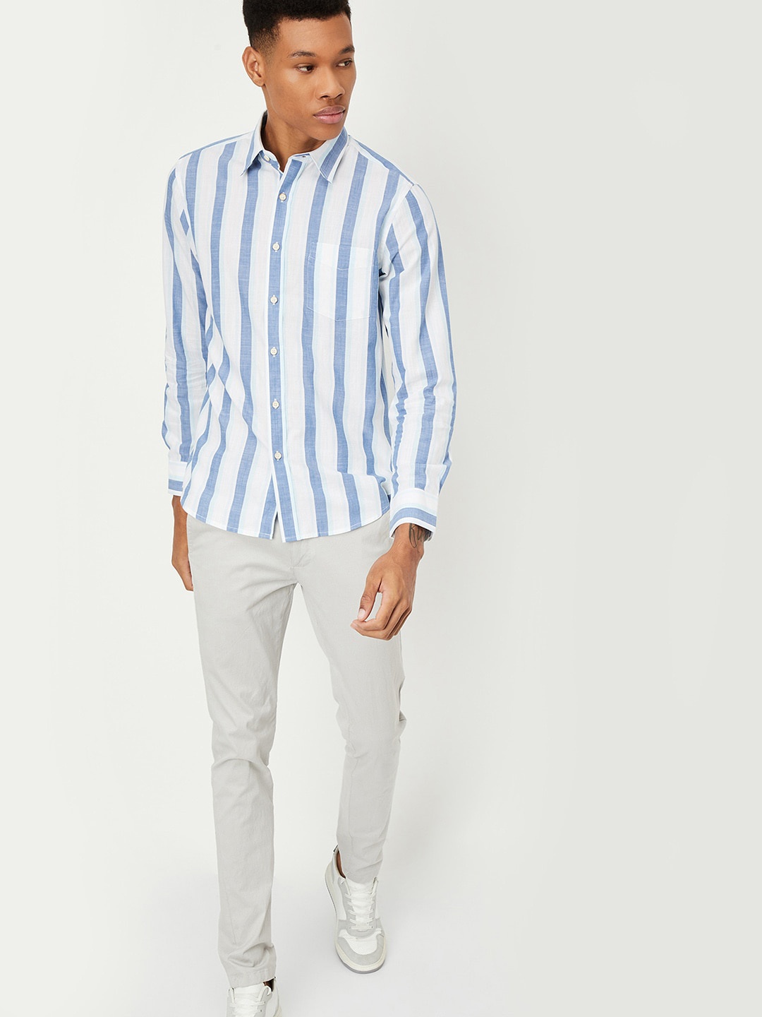 

max Striped Spread Collar Long Sleeves Cotton Casual Shirt, Blue