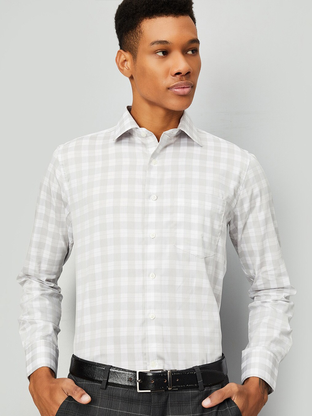 

max Checked Spread Collar Long Sleeves Cotton Casual Shirt, Grey