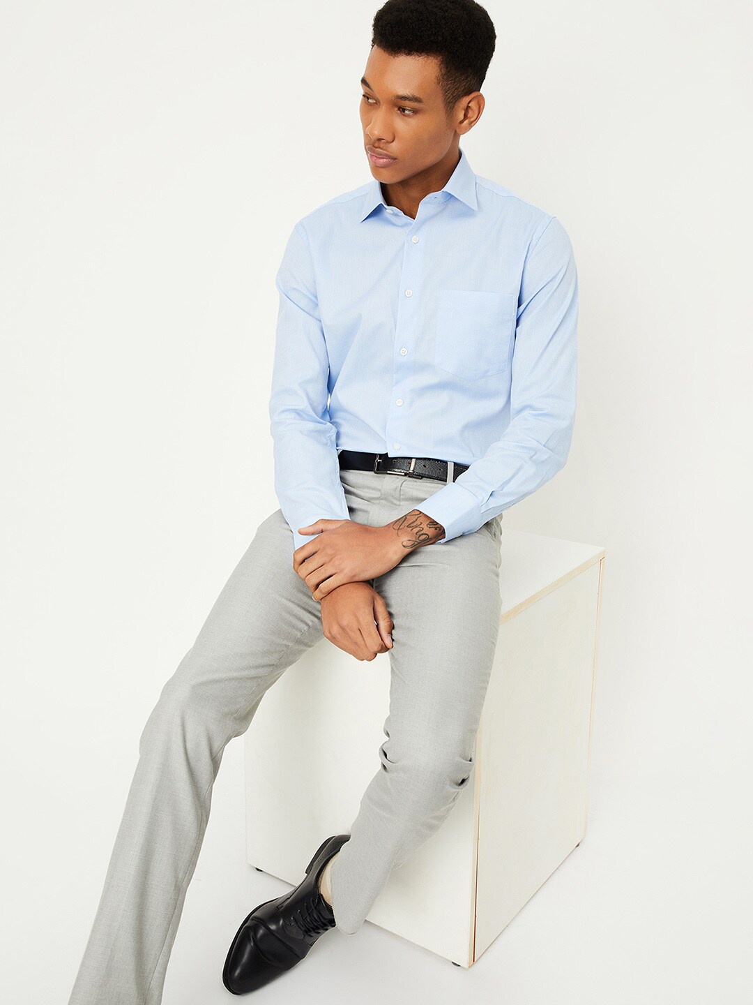 

max Spread Collar Long Sleeves Cotton Casual Shirt, Blue