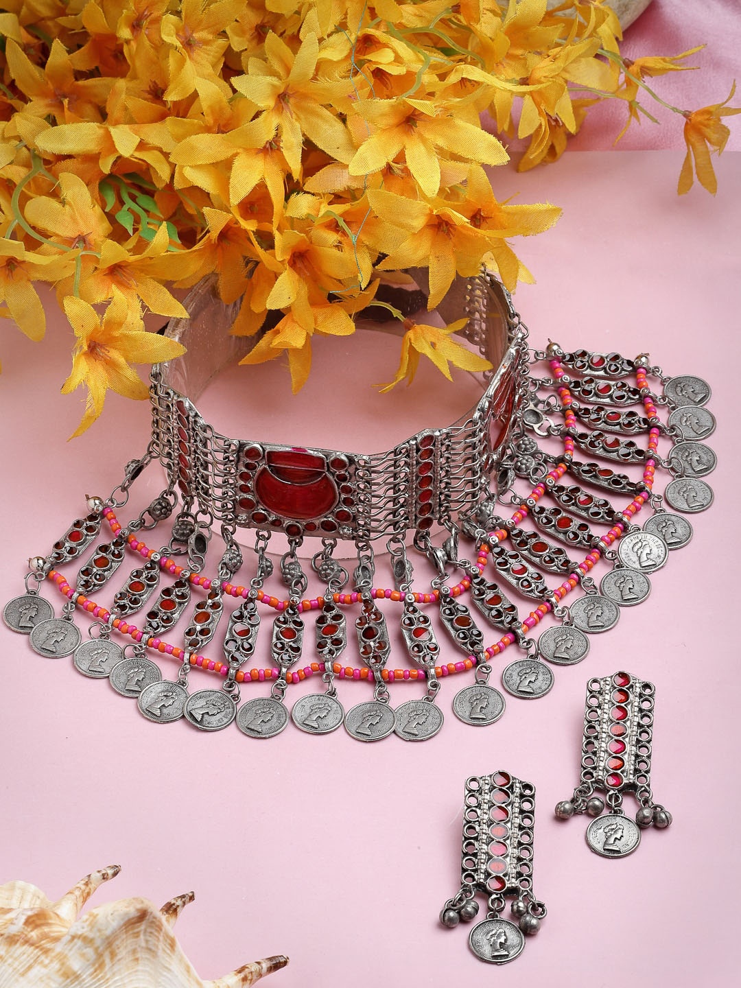 

Moedbuille Silver Plated Stone Studded Oxidised Jewellery Set