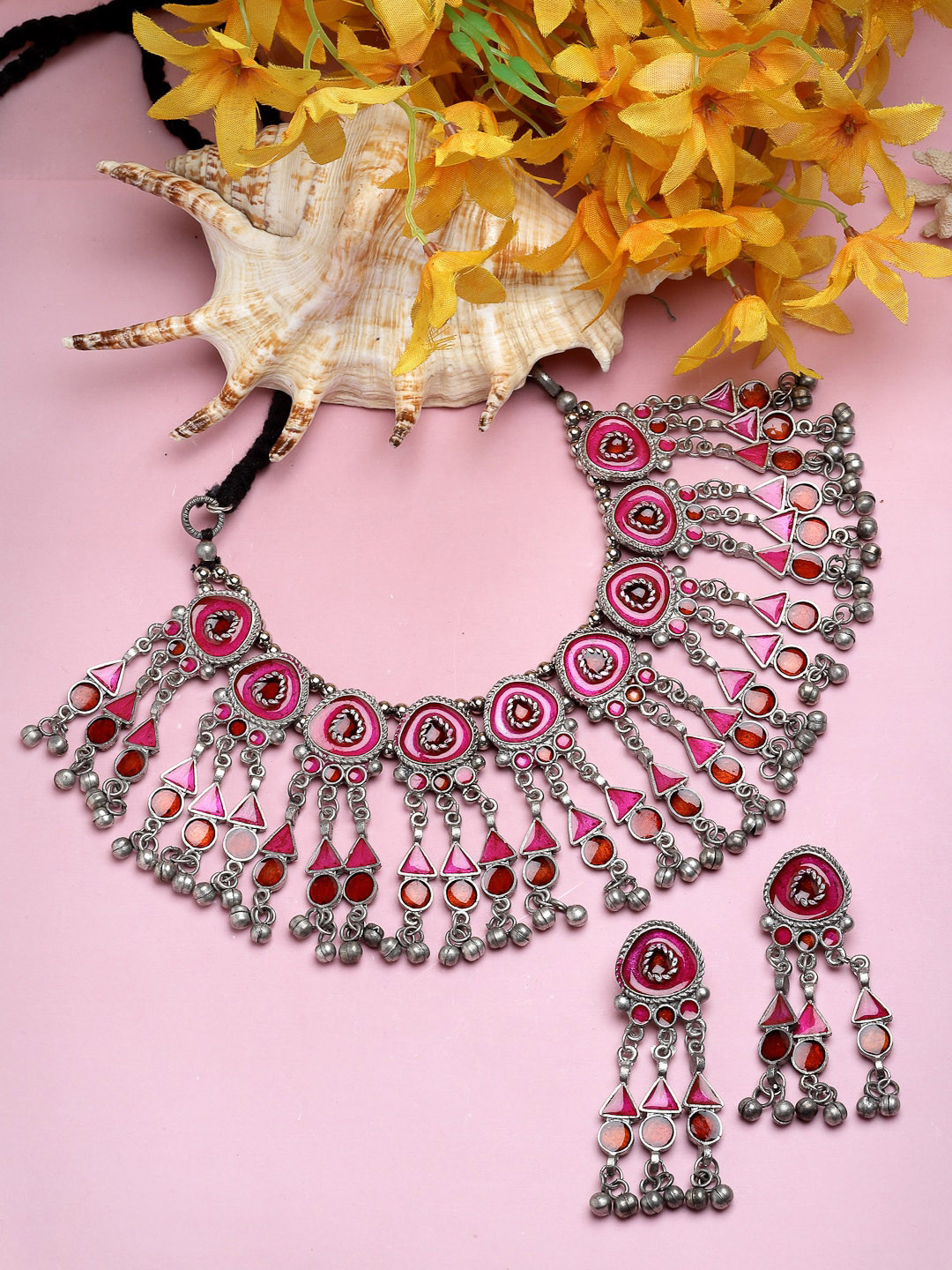 

Moedbuille Silver-Plated Stones-Studded & Beaded Meenakari Jewellery Set