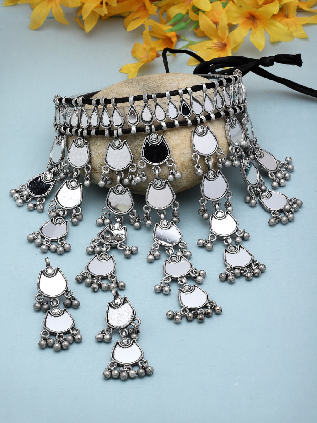 

Moedbuille Silver-Plated Mirror & Ghungroo Studded Oxidised Mirror Tribal Jewellery Set