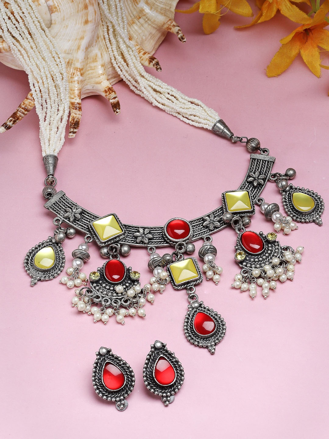 

Moedbuille Silver-Plated Stones Studded Oxidised Necklace & Earrings