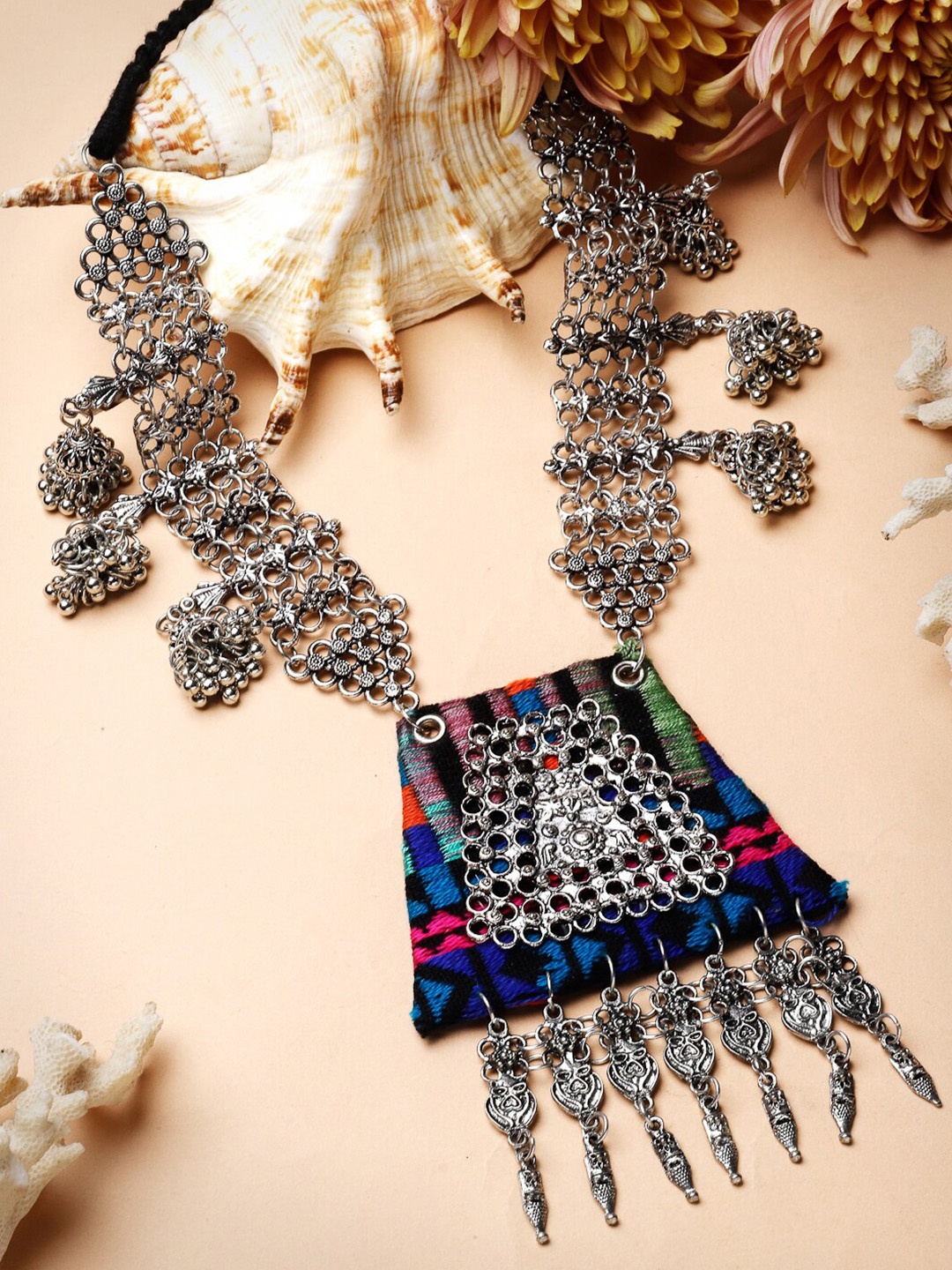 

Moedbuille Silver-Plated Embroidered Work Tasselled Necklace