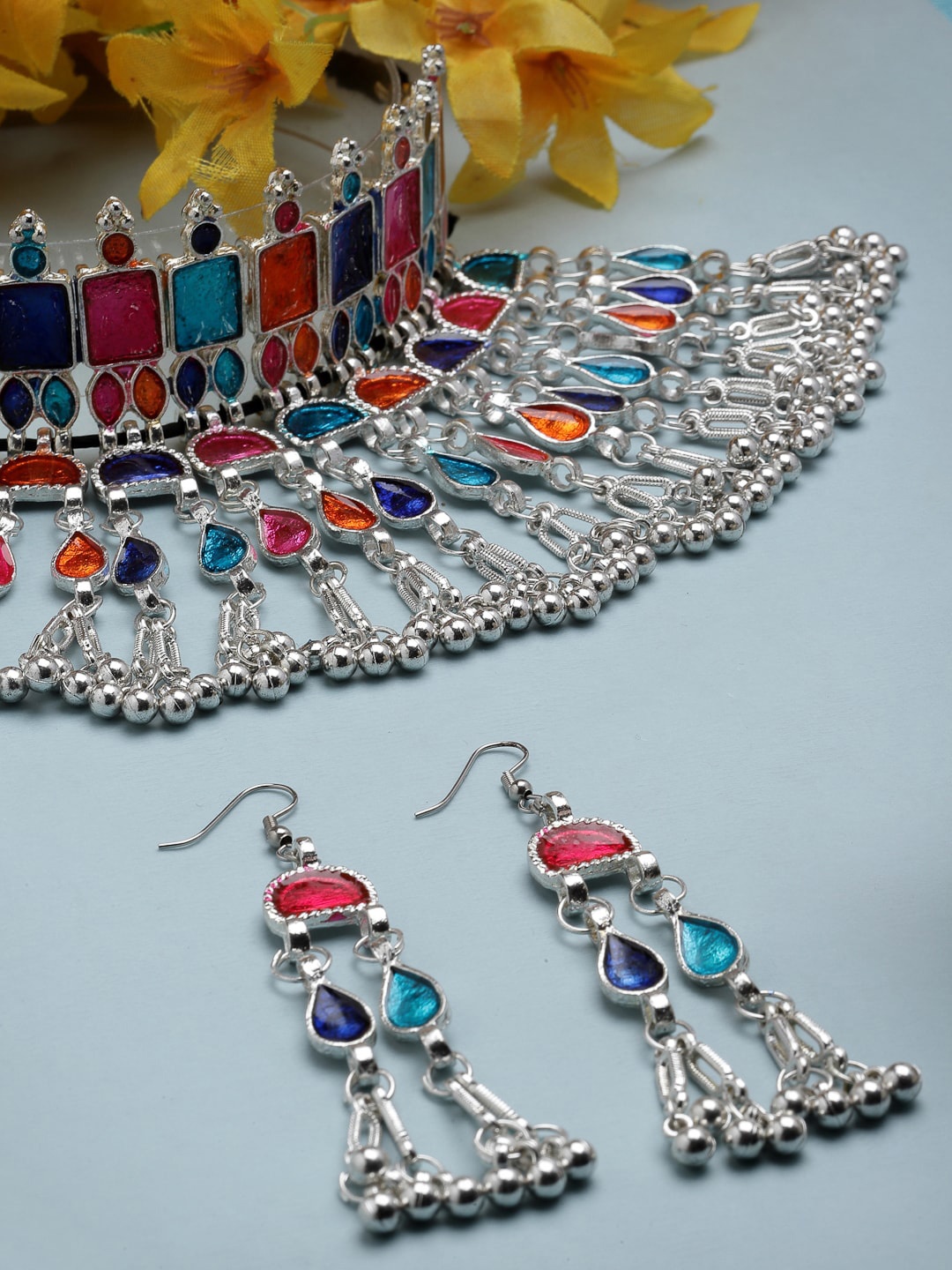 

Moedbuille Silver-Plated Stones And Beads Studded Jewellery Set