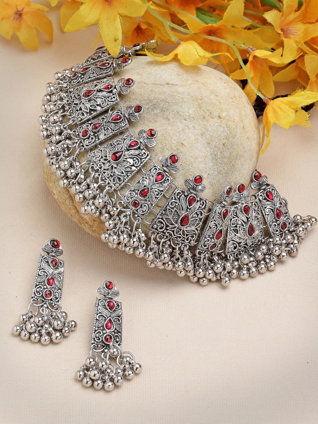 

Moedbuille Silver-Plated Crystal-Studded Antique Jewellery Set
