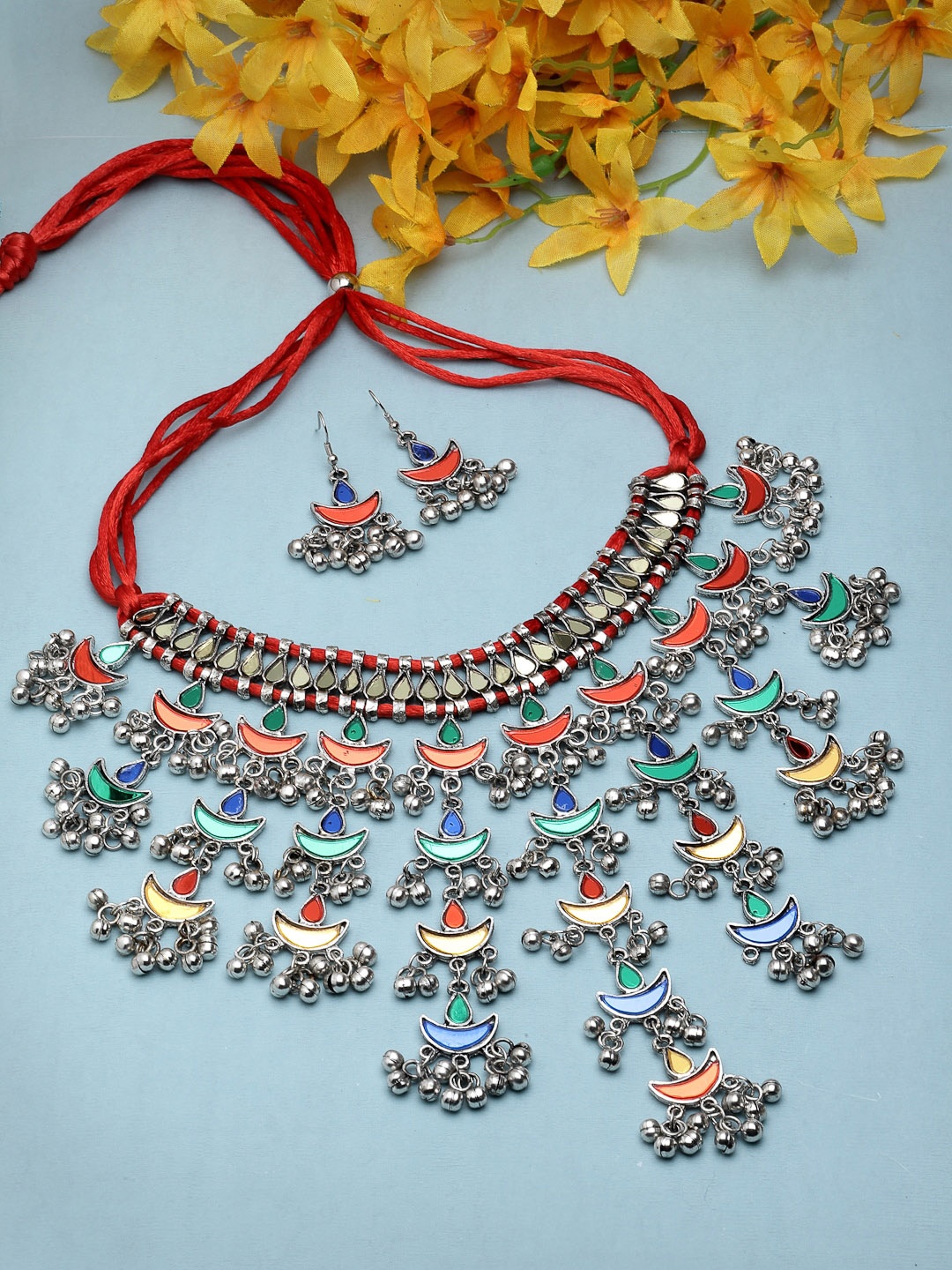 

Moedbuille Silver-Plated Stones-Studded & Beaded Mirror Jewellery Set