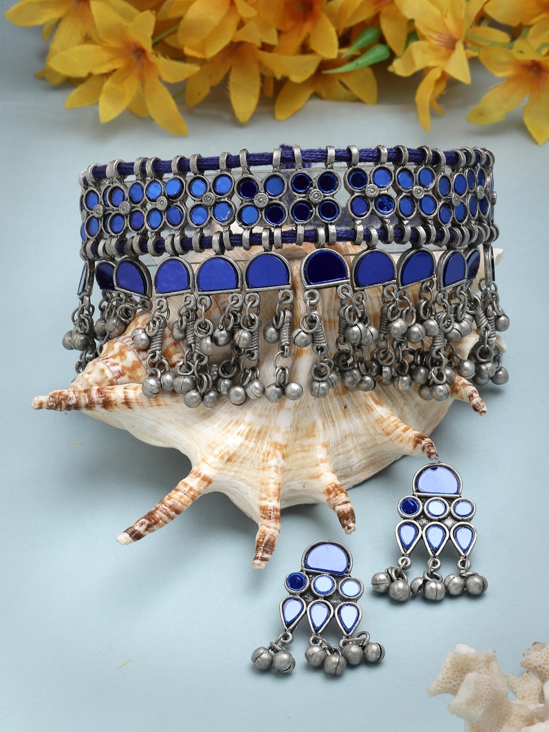

Moedbuille Silver-Plated Stone-Studded & Beaded Oxidised Jewellery Set