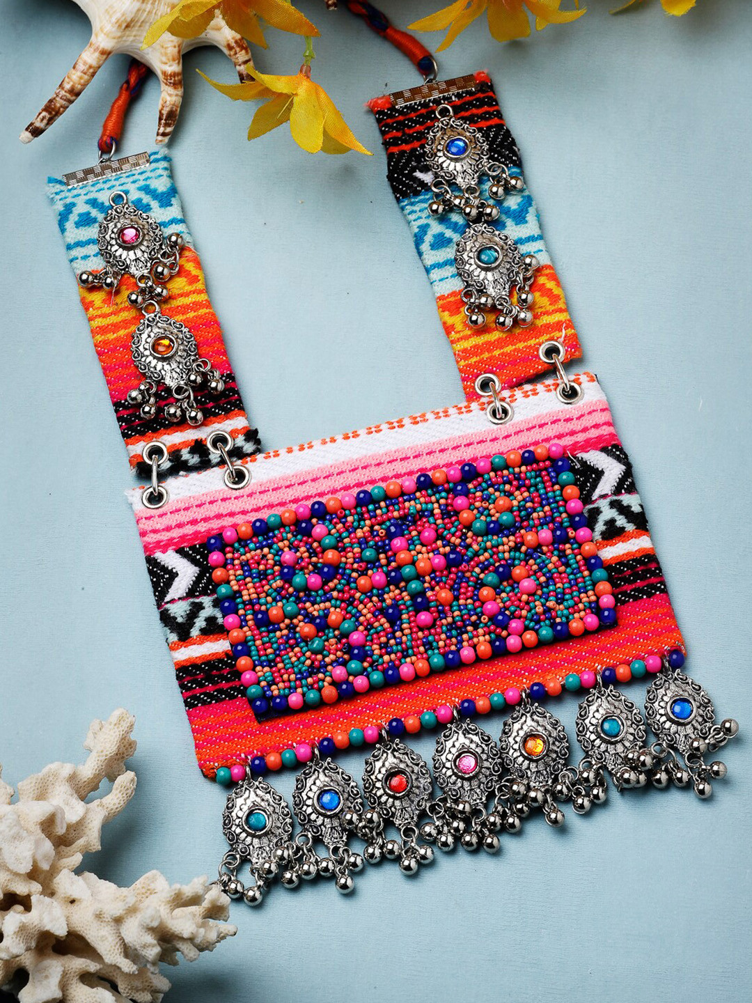 

Moedbuille Brass Silver-Plated Beads Beaded Oxidised Necklace