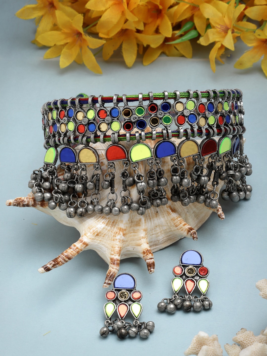 

Moedbuille Silver-Plated Mirrors & Ghungroo Studded & Beaded Oxidised Jewellery Set