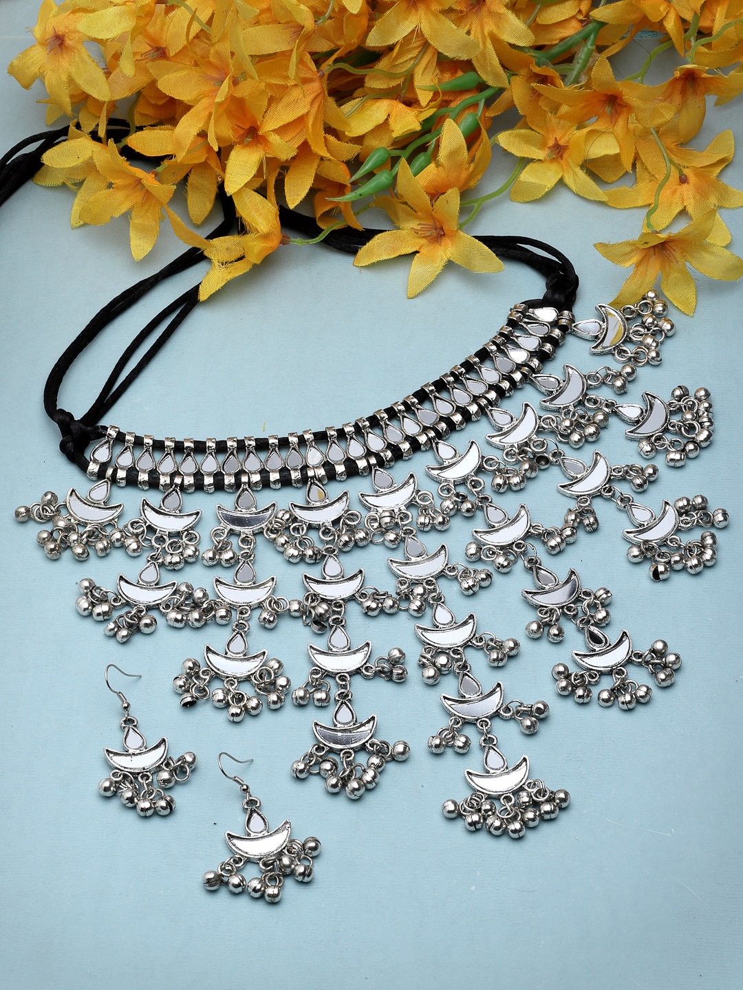 

Moedbuille Silver-Plated Mirrors Studded & Beaded Oxidised Jewellery Set